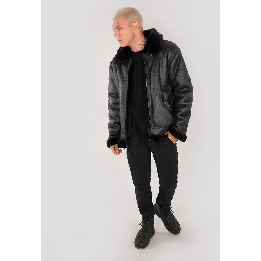 Shearling Black Alpha B3 B-3 Faux Leather Bomber Jacket Alpha